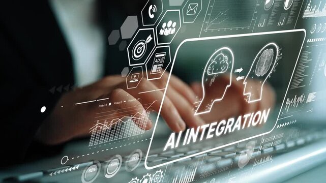 Hands Typing on Laptop with AI Integration Concept and Digital Data Visualization Elements for Technology Innovation. Asymptotic smart data analytic.