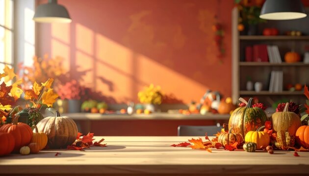 Colorful Autumn Pumpkins Arranged on Wooden Table in Warm Sunlit Kitchen