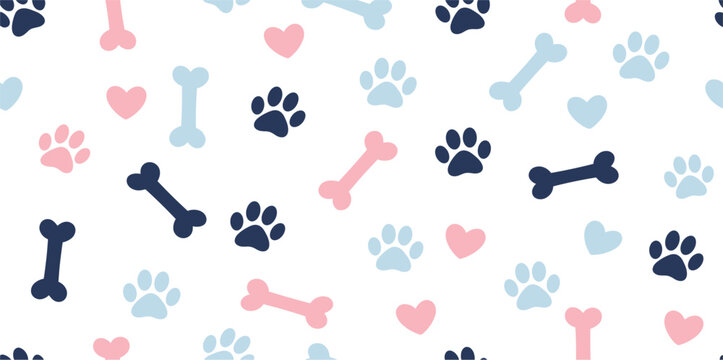 Cute Pet Seamless Pattern Vector Background with Paw Prints Dog Bones and Hearts for Fabric Design