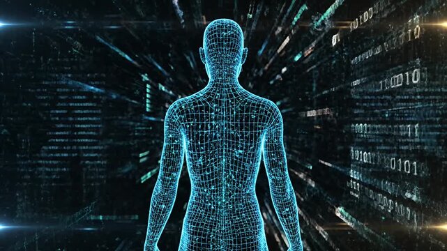 Digital human representation against binary code background
