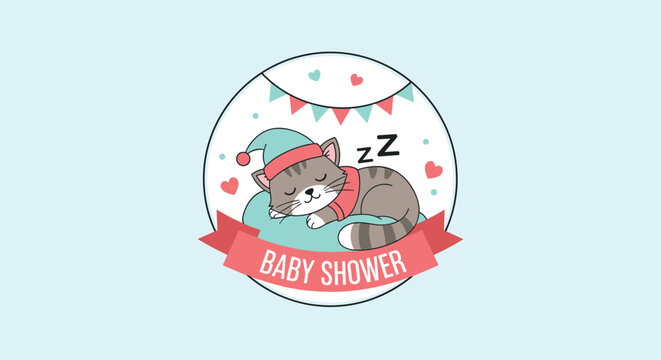 Sleeping cat wearing a nightcap resting on a pillow inside a circular frame with the text baby shower on a red ribbon.