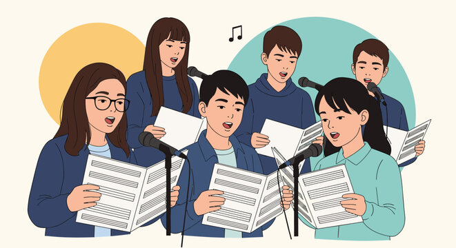 Choir of diverse young people singing from sheet music into microphones during a performance with colorful circles background.