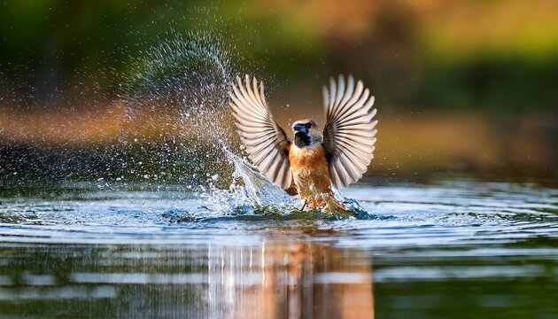 small insectivorous bird takes flight dramatically after splashing water surface during morning bath in still water habitat