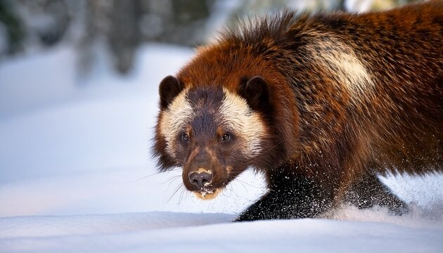 powerful wolverine moving quickly through the deep white snow of a cold northern forest