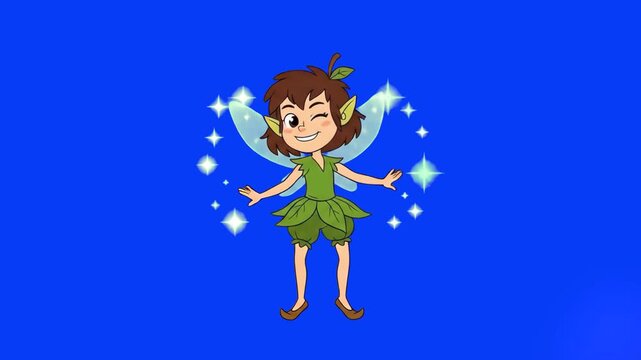 A cute 2D cartoon fairy character in a green leaf dress and wings dancing with sparkling magical elements around her, isolated on a blue screen.