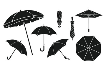 Umbrella silhouette vector outline icon set. Opened rain parasols, beach sunshade, folded pocket umbrellas, top view, and weather protection accessories. ©  AR Studio Company