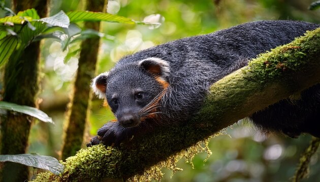 binturong clings to mossy branch high up in dense tropical rainforest canopy