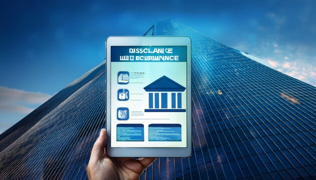 a digital representation of business insurance coverage on a tablet with a corporate building in the background