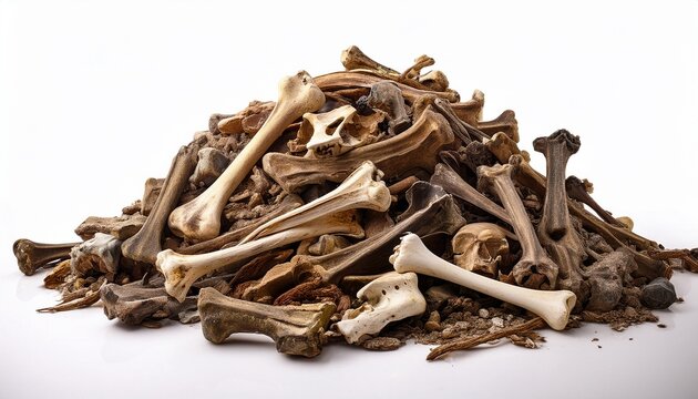 archaeological pile of old bones isolated on white background
