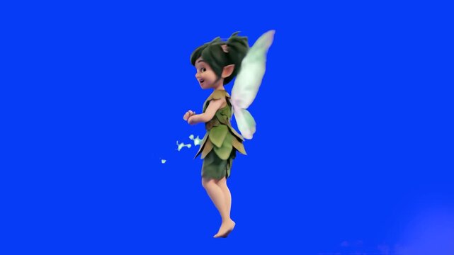 A detailed 3D cartoon fairy with translucent wings and a leaf dress happily dancing and floating, isolated against a solid blue screen background.