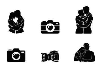 Fototapeta premium Romantic couple silhouettes and camera with heart symbols for wedding branding and valentine day themes on a clean white background