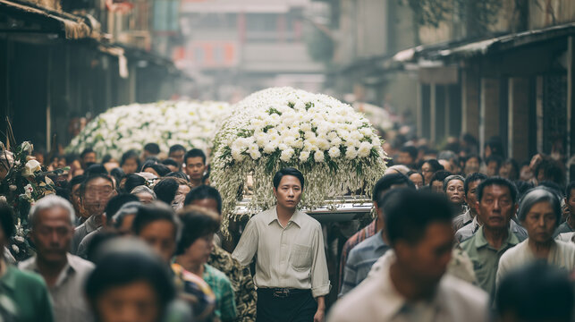 Solemn funeral procession carrying white flower-covered bier through crowded street, traditional remembrance ceremony, community mourning, respectful farewell and cultural heritage