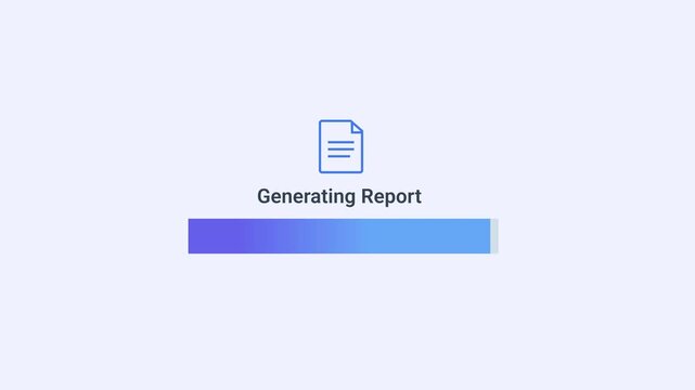 Minimal report generation animation with document icon and progress bar, showing digital data processing workflow in a clean interface.