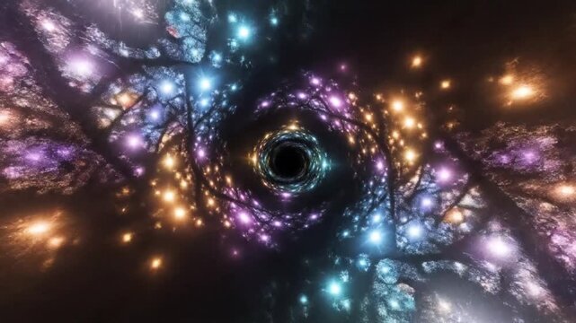 Abstract glowing fractal eye with symmetrical light patterns.