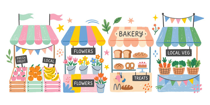 Local farmers market stalls vector illustration with fresh fruit flowers bakery and vegetables art.