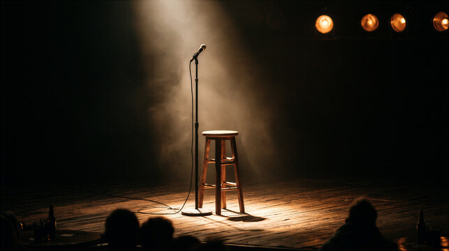 Spotlight stage microphone wooden stool empty performance scene