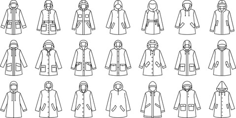 Raincoat Vector Line Icon Set Featuring Hooded Waterproof Jackets And Windbreakers For Technical Fashion Sketches © Lipon