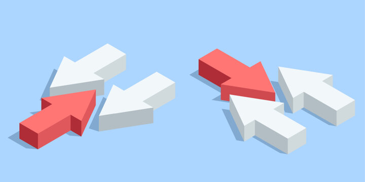 An isometric vector set of arrows pointing in opposite directions, in color on a blue background, opposite moving or being different.