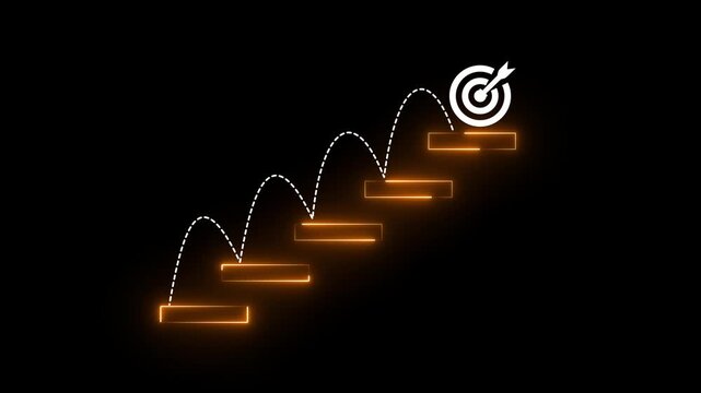 Glowing neon arranges a wooden block staircase with target icon. Achieving goals and objectives or goal setting.4k motion graphics video animation