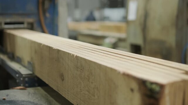 A large wooden panel moves along an industrial blue conveyor belt in a modern woodworking factory. The shot shows safety fences, automated machinery
