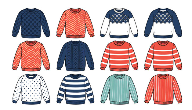 Winter knitted sweater and pullover fashion vector set. Colorful jumpers, stripes, zigzags, polka dots and cozy wool garments. Perfect seasonal warm clothing collection.