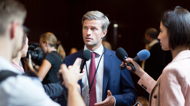 Journalist interviewing businessman during media conference ,speaker, a man answering on a questions, reporter, a women speaking , photo style