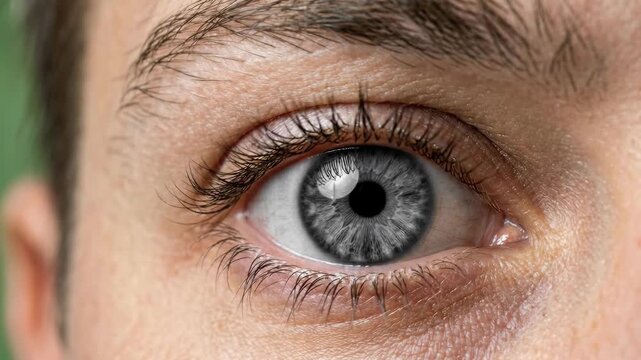 An extreme close-up of a human eye with a sharp grey iris opened wide in reaction to shock, amazement, or fear.