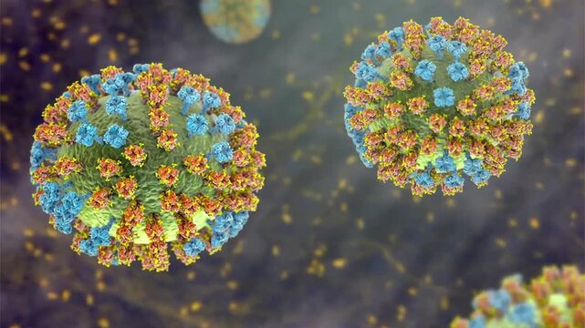 Influenza virus particles with glycosylated hemagglutinin and neuraminidase spikes, rotating and drifting. 3D animation of enveloped RNA virions illustrating surface glycan shielding and viral structu