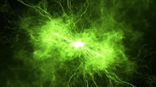 Green electrical plasma discharge isolated on black background.