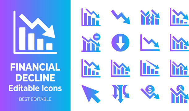 Financial decline icons with graphs falling down representing economic crisis and business downfall.