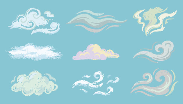 Collection of various cloud types as hand drawn vector illustration on solid soft blue background.