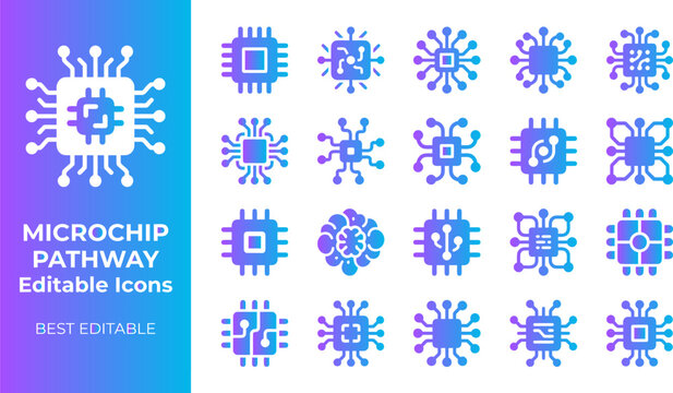 Set of abstract microchip pathway circuit icons with digital connection for technology and science concepts.