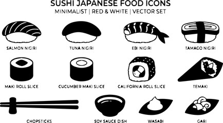 Sushi Japanese Food Icon Set Minimalist Red Black White Vector Restaurant Menu © MinhajulIslam