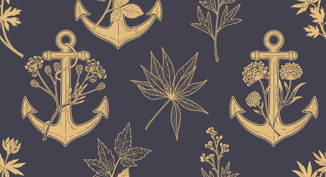 Nautical theme with gold anchors and botanical elements on dark background