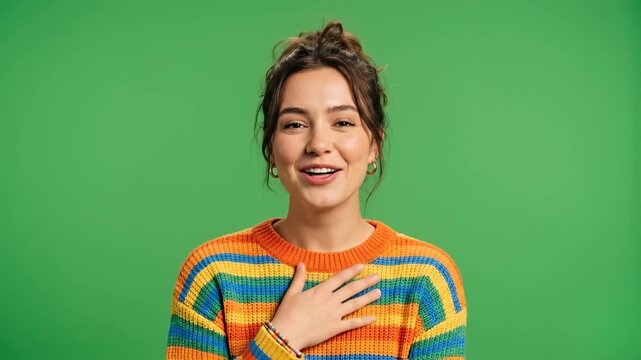 A friendly young woman in a colorful striped sweater speaking expressively while placing her hand over her heart, isolated on a solid green chroma key background. Ideal for testimonial video overlays,