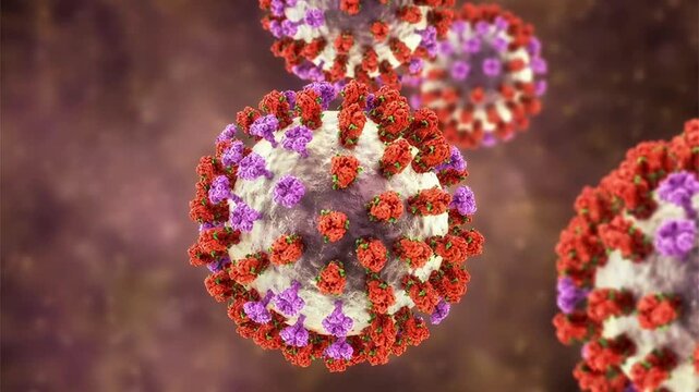 Influenza virus particles with glycosylated hemagglutinin and neuraminidase spikes, rotating and drifting. 3D animation of enveloped RNA virions illustrating surface glycan shielding and viral structu