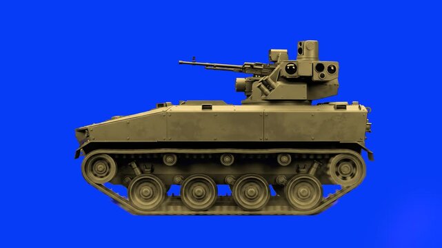 A military unmanned ground vehicle with a camouflage pattern and a mounted weapon turret moves forward with spinning caterpillar tracks, isolated on a blue screen background.