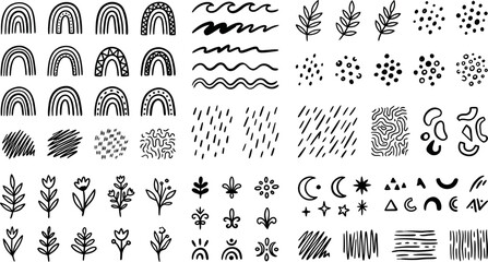 Collection of hand drawn vector elements featuring bohemian shapes floral patterns organic lines and celestial symbols for creative artistic designs © Firdaus