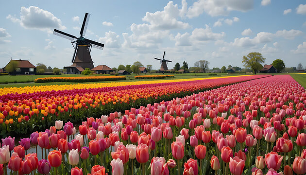 Vibrant tulip field with windmills, netherlands landscape colorful tulips pink tulips