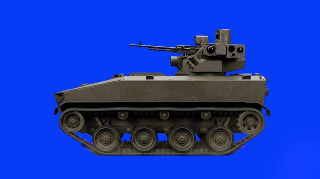 A military unmanned ground vehicle with a camouflage pattern and a mounted weapon turret moves forward with spinning caterpillar tracks, isolated on a blue screen background.