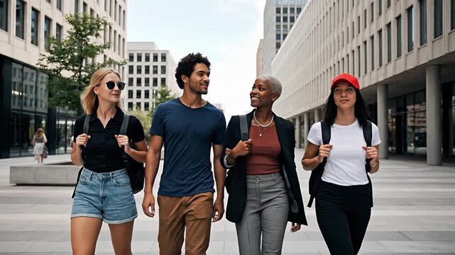 Diverse group of friends exploring a modern city, engaging in conversation, and enjoying urban life. Represents social connection, youth culture, diversity, and adventure in a vibrant metropolitan...