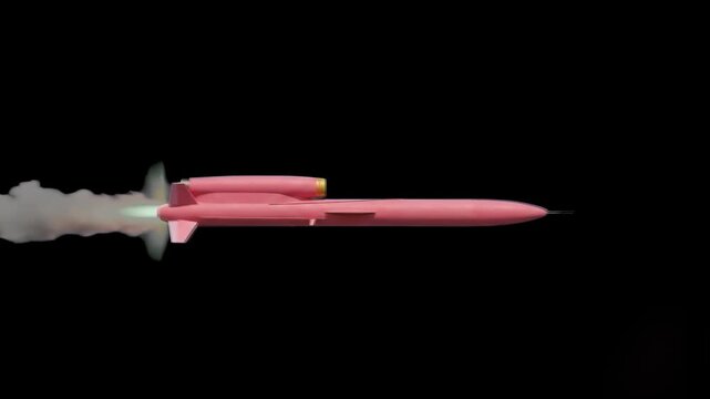 A detailed 3D rendering of the FP-5 Flamingo strategic cruise missile with a characteristic top jet engine nacelle flying horizontally, isolated against a black background.