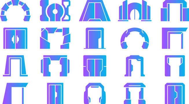 Abstract geometric portals and doorways with blue and purple gradient, sci fi and futuristic style.