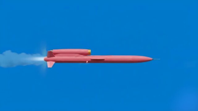 A 3D digital animation of the Ukrainian FP-5 Flamingo long-range cruise missile in its iconic pinkish-red prototype color flying horizontally. Isolated on a solid blue backdrop, this modern weapon ass