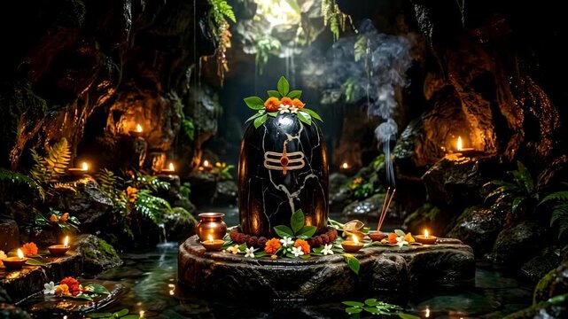 A black marble shiva linga decorated with marigold flowers and tripundra is worshipped inside a dark cave, illuminated by lit oil lamps and rising incense smoke near a gentle stream.