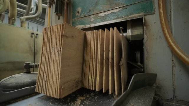 A stack of solid wood planks professionally arranged with spacers on a factory floor. This preparation is essential for air circulation during the kiln drying process in a woodworking facility