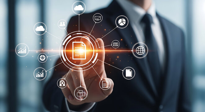 Professional managing digital document management system with virtual icons