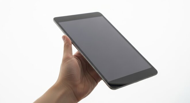 Hand holding a black tablet with a dark screen