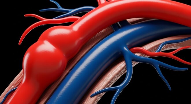 Detailed Red Artery With Aneurysm Beside Blue Vein in Anatomical Cross Section