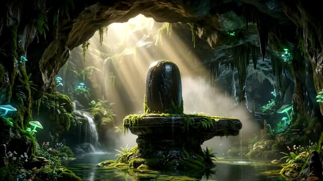 A mossy black shiva linga stands inside a mystical cave with a small waterfall, illuminated by sun rays streaming from an opening in the ceiling, surrounded by glowing bioluminescent mushrooms